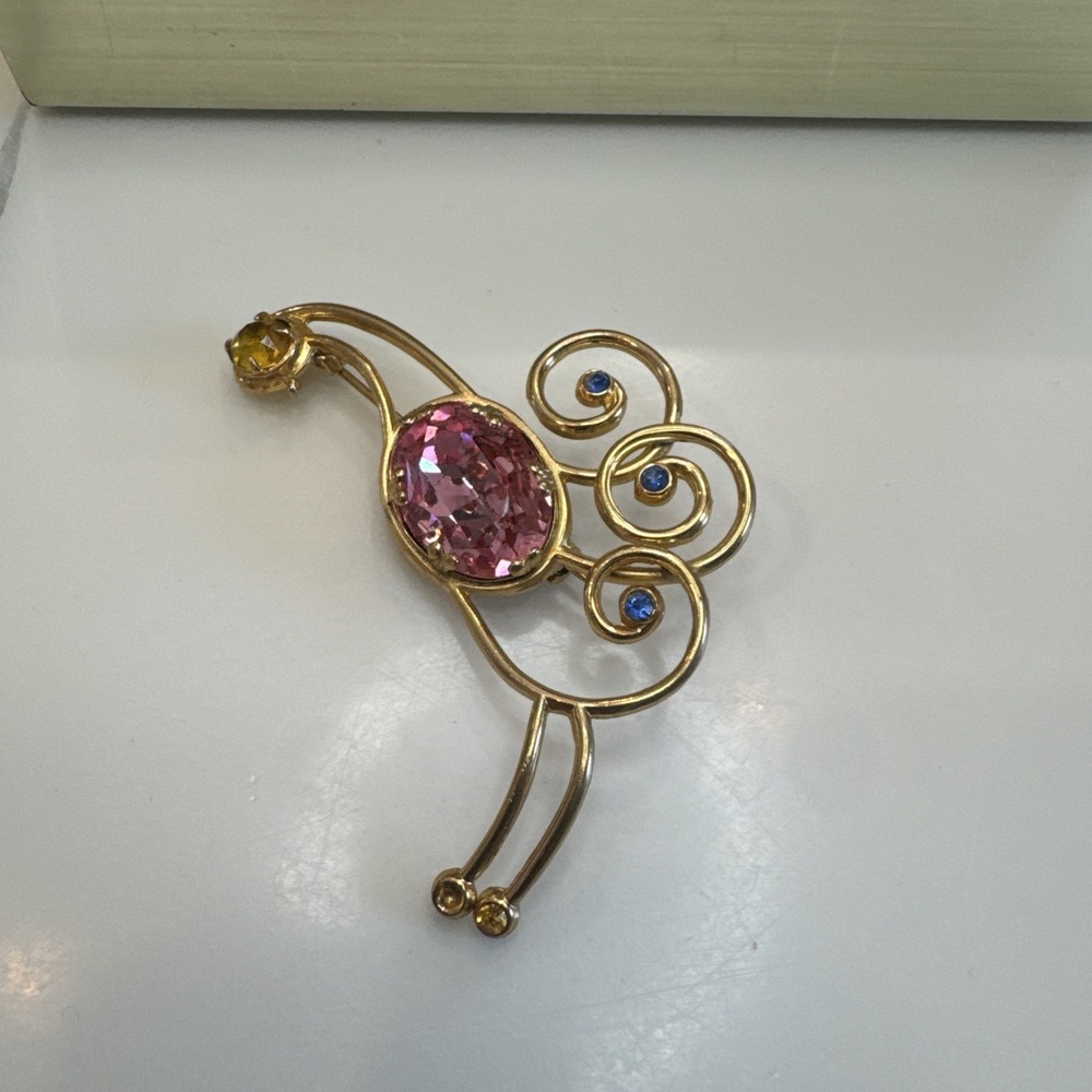 Coro VTG Jelly Belly Gold Tone multicolor stones Peacock Design Brooch 2.2/3"